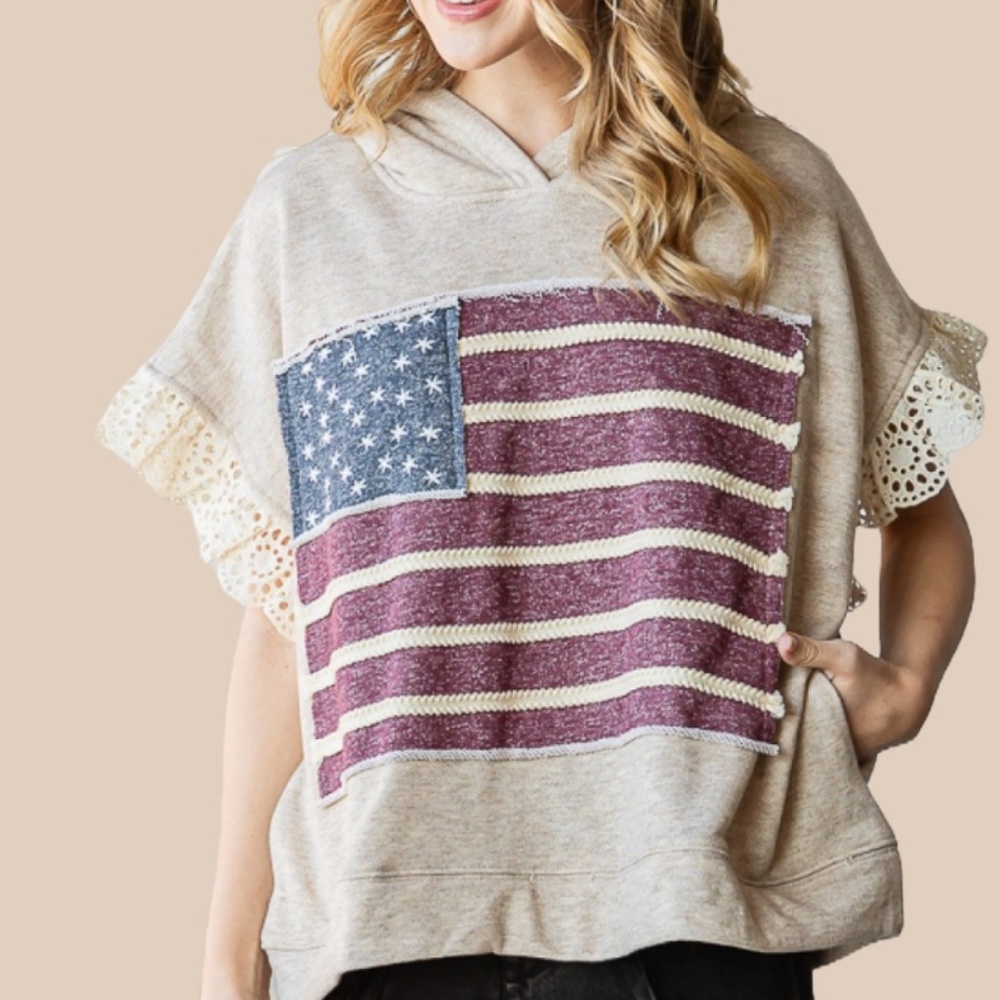 Oli & Hali USA Flag Hoodie Sweatshirt Women's Top with Lace Detail 90’s #SC5 - Picture 2 of 5